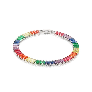 Macro shot of silver bracelet with rainbow gradient rectangular cut gemstones and clasp