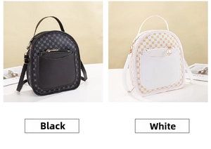 Detail view of mini vintage backpacks in black and white with geometric circular pattern