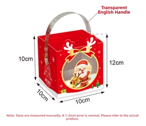 Detail view of red Christmas gift box with Santa motif and 10x10x12cm dimensions