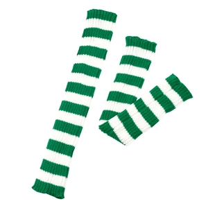 Detailed knit texture of green and white striped leg warmers with ribbed edges