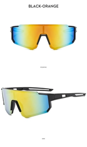 Detailed views of black matte cycling glasses with orange reflective mirror lenses