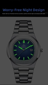 Detailed macro view showing luminous hands and hour markers on a black steel watch