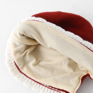 Winter baby knit hat with warm cotton lining and red knit exterior texture details