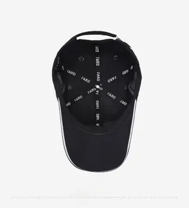 Detail view of black baseball cap interior with FARD branding and breathable mesh fabric