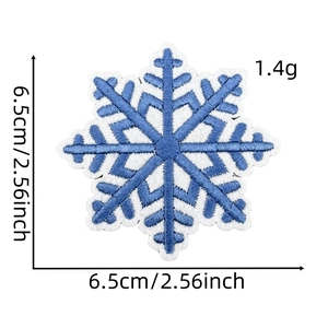 Blue and white snowflake embroidery patch 6.5cm measurement on a clean white background