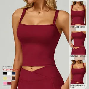 Burgundy double-strap yoga tank top with longline hem and removable pads for fitness