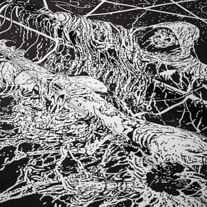 Macro shot of high-contrast black and white gothic skull print on woven fabric texture