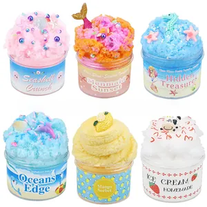 Set of 6 assorted DIY slime jars with colorful ocean and fruit themed resin accessories