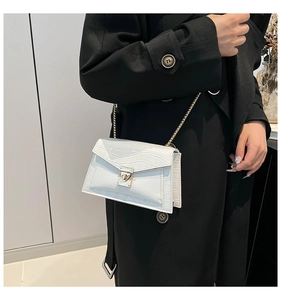 Detail of white crocodile pattern shoulder bag with golden clasp and chain strap
