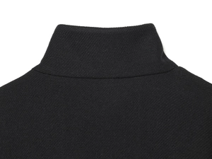 Detailed view of the black high neck collar stitching and textured wool fabric finish