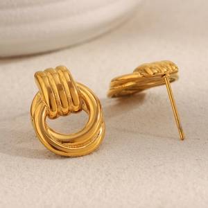 Chic 18K gold plated stainless steel twisted hoop earrings with a cross design