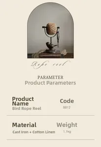 Detail view of vintage cast iron bird rope reel with rustic jute twine and dimensions