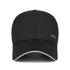 Men's black structured baseball cap with metal sports badge and white sandwich brim