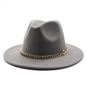 Detail shot of a dark grey wool fedora featuring a bold gold chain band decoration