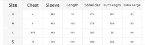 Detailed size chart for women's short sleeve shirt set with chest and length measurements