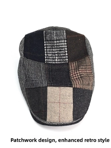 Detailed view of multi-color patchwork tweed flat cap with vintage patterns and textures