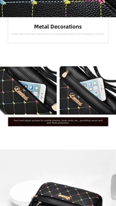 Detail of black pebbled leather crossbody bag with colorful stitching and dual front zippers