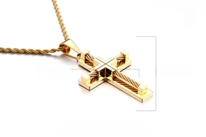 Detailed view of 18K gold plated cross pendant with cable wire inlay and 62mm dimensions