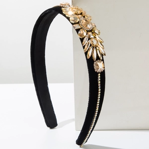 Black velvet headband with sparkling champagne crystal floral design for women