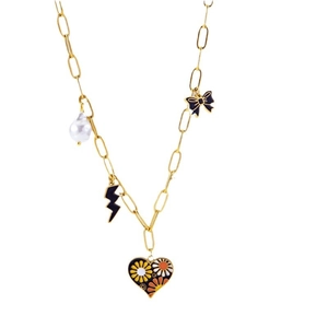 Collier en acier titane avec perle baroque, nœud et breloque cœur florale