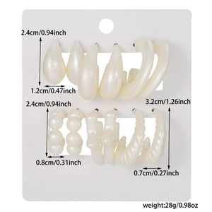Detailed view of pearl finish acrylic hoop earrings set with size and weight measurements
