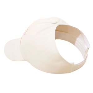 Detail shot of a cream-colored children's sun visor hat with functional open top