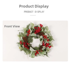 Detailed top view of a Christmas wreath with pine cones and vibrant red berries