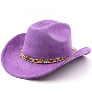 Close-up of purple suede cowboy hat featuring colorful beaded trim and a tiger eye stone