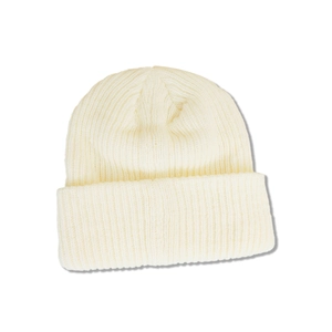 Detailed view of the ribbed knit texture and cuffed design of this cream beanie hat