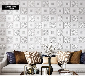 3D foam wall panel with embossed European silver patterns on white adhesive background