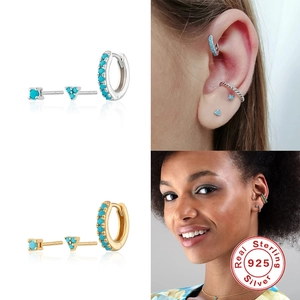 925 Sterling Silver turquoise earrings set including hoops and studs with blue stones