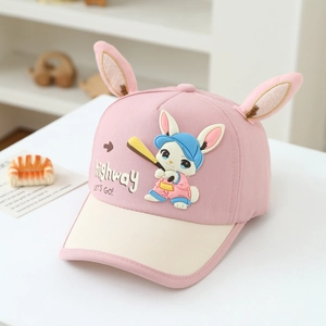 Detail of pink cotton baseball cap with 3D bunny ears and highway cartoon print