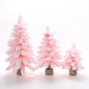 Pink flocked mini Christmas trees with burlap bases set of 3 in various sizes