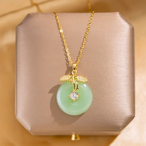 Elegant Pendant Necklace With Titanium Steel Chain Faux Jade Peace Buckle Zircon Leaf Charm For Women Luxury Gift