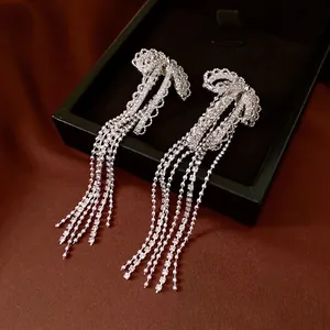 Bow Tassel Drop Earrings With Zircon Copper And 925 Sterling Silver Earring Post Elegant Long Dangle Jewelry For Women
