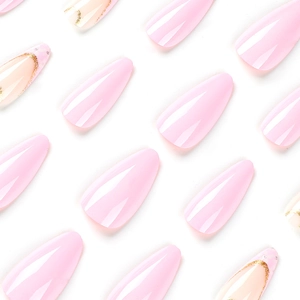 Pink French almond press-on nails with white flowers and glitter trim on white background