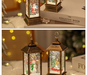 Macro shot of vintage bronze Christmas lantern with Santa Claus figurine and sparkling glitter