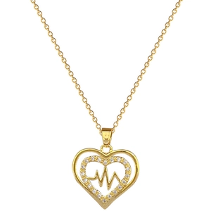 Luxurious gold stainless steel heartbeat necklace with crystal-studded heart pendant