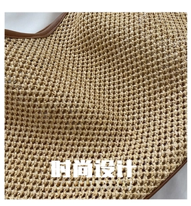 Close-up of woven straw texture with brown leather edging on a summer beach handbag