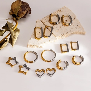 Stainless Steel Geometric Hoop Earrings Two Tone Gold Silver Star Heart Rectangle Fashion Ear Buckles For Women Men