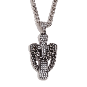 Silver iced out cross pendant necklace with rhinestones and double chain design for men