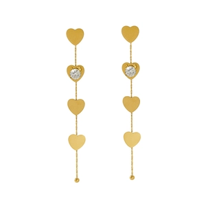 Long tassel earrings in gold with stainless steel 18K heart charms and zircon accents