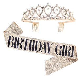Detail of champagne glitter sash with Birthday Girl text and golden rhinestone tiara set