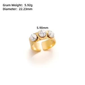 Detailed size specifications for gold hammered ring with three white marble stones