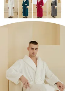 Detail showing plush thick flannel bathrobes for men in green, red, grey and white colors