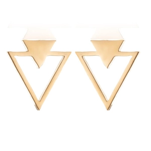 Macro view of geometric gold triangle earrings with a minimalist layered hollow design