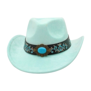 Detail of light blue felt cowboy hat featuring black leather band and blue floral embroidery