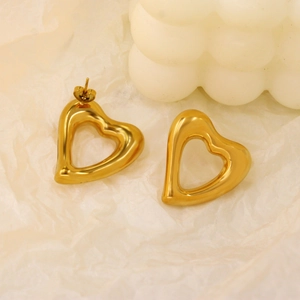 French vintage hollow heart stud earrings in polished gold stainless steel for women