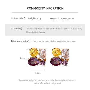 Size chart showing 1.5cm oval zircon earrings made of copper with silver needles