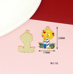 Detail view of colorful enamel Christmas candle pendant with dimensions 17mm by 22mm